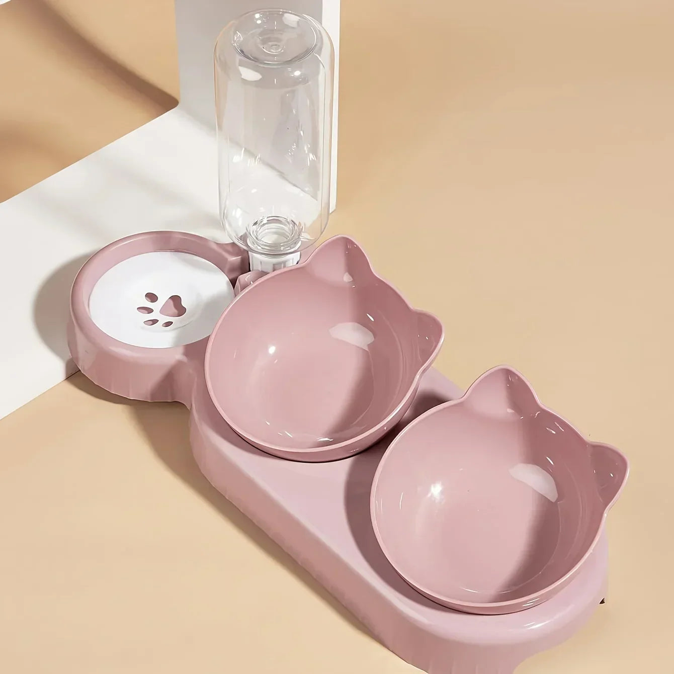 3 in 1 Tilted Cat Water and Food Bowl Set with Gravity Water Bottle for Neck Protection