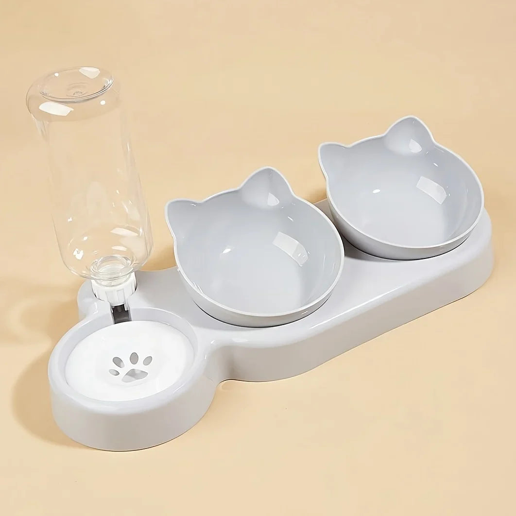 3 in 1 Tilted Cat Water and Food Bowl Set with Gravity Water Bottle for Neck Protection