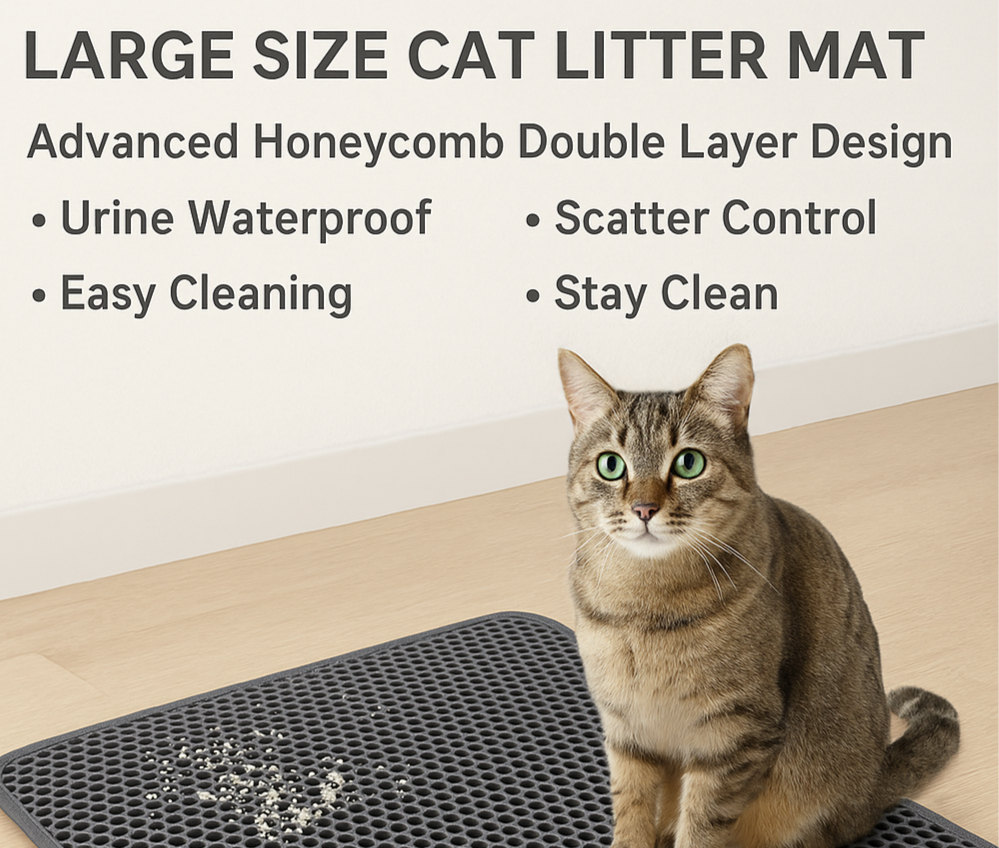 Cat sitting on a large size cat litter mat with product features listed.