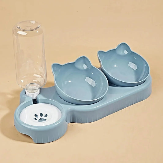 3 in 1 Tilted Cat Water and Food Bowl Set with Gravity Water Bottle for Neck Protection