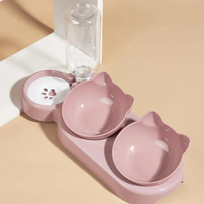 3 in 1 Tilted Cat Water and Food Bowl Set with Gravity Water Bottle for Neck Protection